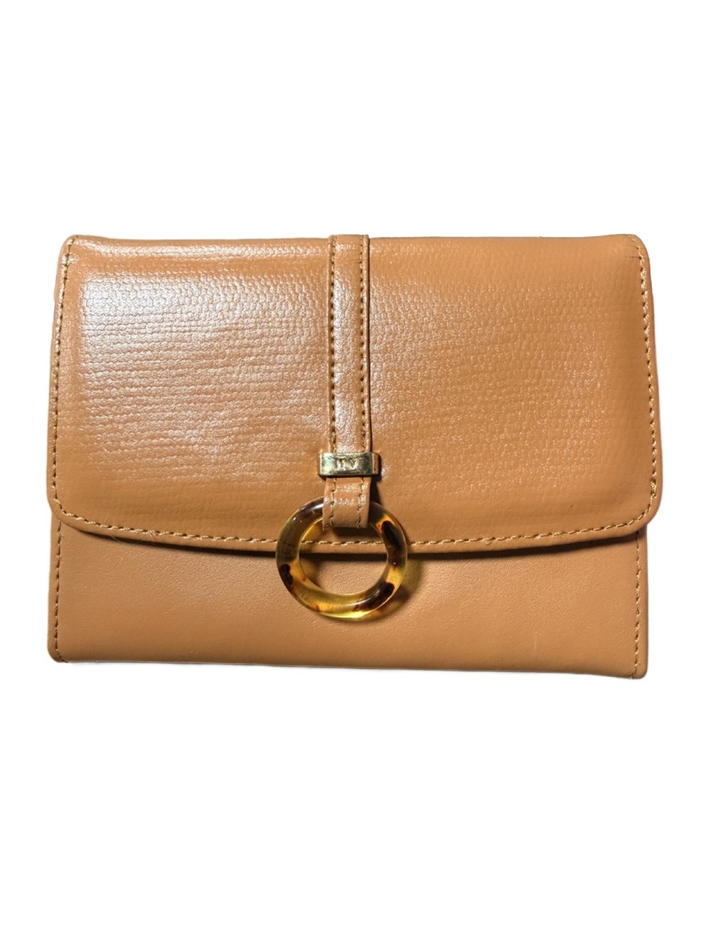 Vintage Hugo Valentino Tan Leather Wallet Tortoise Ring Gold Bifold